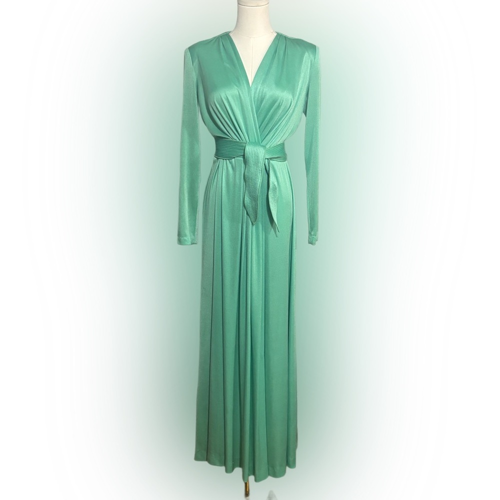 Vintage 70s Miss Elliette Seafoam Maxi Dress S 8 Glam Disco